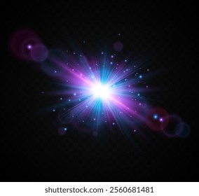 Bright flash of light with blue-violet highlighting. Solar flare. Glowing effect.  Bright glowing bright starburst with shimmering highlights. Beautiful light effect with shimmering highlights. 