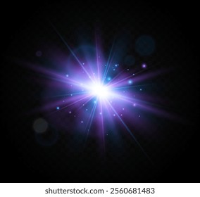 Bright flash of light with blue-violet highlighting. Solar flare. Glowing effect.  Bright glowing bright starburst with shimmering highlights. Beautiful light effect with shimmering highlights. 