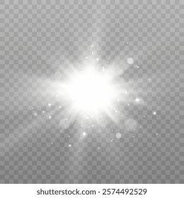 Bright flash of light effect with sparkles and glare bokeh. Light on transparent background. Vector