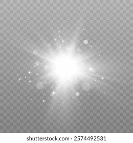 Bright flash of light effect with sparkles and glare bokeh. Light on transparent background. Vector