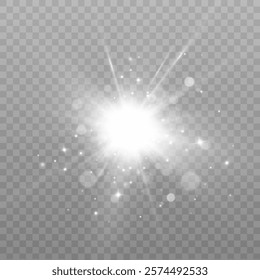 Bright flash of light effect with sparkles and glare bokeh. Light on transparent background. Vector