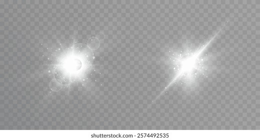 Bright flash of light effect with sparkles and glare bokeh. Light on transparent background. Vector