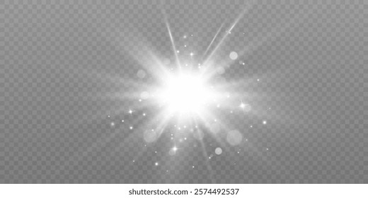 Bright flash of light effect with sparkles and glare bokeh. Light on transparent background. Vector