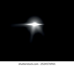 Bright flash of light with rays and glare. Effect of white light on a black background. Vector.