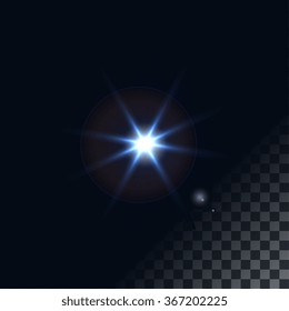 bright flash of light. Star in space. Bright vector shine. realistic len flare beam and flash on transparent background vector illustration. camera flash, flashlight. glowing stars, lights  sparkles.