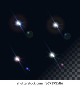 bright flash of light. Star in space. Bright vector shine. realistic len flare beam and flash on transparent background vector illustration. camera flash, flashlight. glowing stars, lights  sparkles.