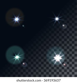 bright flash of light. Star in space. Bright vector shine. realistic len flare beam and flash on transparent background vector illustration. camera flash, flashlight. glowing stars, lights  sparkles.