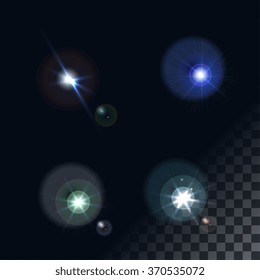 bright flash of light. Star in space. Bright vector shine. realistic len flare beam and flash on transparent background vector illustration. camera flash, flashlight. glowing stars, lights  sparkles.