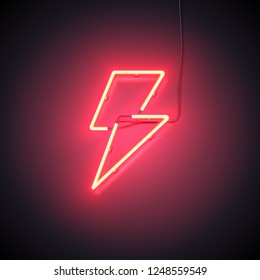 Bright Flash. Neon sign of lightning signboard on the red background. Ready for your design, icon, banner. Vector illustration.