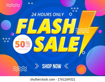 Bright flash sale banner template with sign vector illustration. 24 hours only discount flat style. Shop now. Colourful decoration with circles and waves. Shopping concept svg