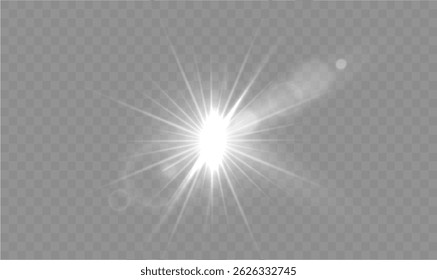 Bright flash of white sunlight with sparkles and starlight rays, transparent vector background for disco, celebration, or magical illumination concepts