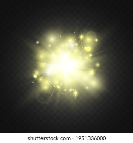 Bright flash. Yellow starlight. Flares, sparkles. Explosion.Vector illustration.