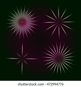 Bright flashes of colored stars on a dark background and transparent. Vector design elements