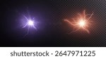Bright flashes of energy with branched lightning - purple and orange glow. The effect of electrical collision on a dark background. For battle scenes, science fiction and interfaces.