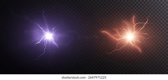 Brilhantes flashes de energia com raios ramificados - roxo e laranja brilho. O efeito da colisão elétrica em um fundo escuro. Para cenas de batalha, ficção científica e interfaces.