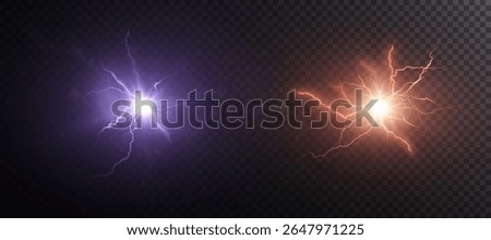 Bright flashes of energy with branched lightning - purple and orange glow. The effect of electrical collision on a dark background. For battle scenes, science fiction and interfaces.