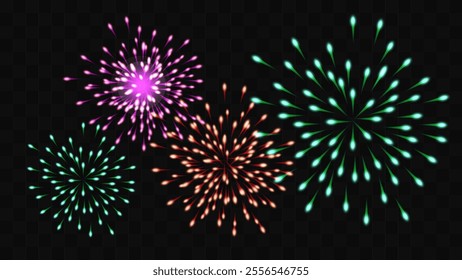 Bright flashes of fireworks color on a transparent background. Holiday Wedding Festival Design for Birthday Card Poster advertising. Vector