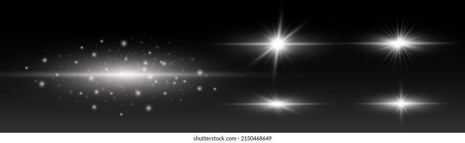 Luces y bengalas luminosas. Los rayos de sol y el foco. Paquete de bengalas horizontales blancas. Desenfoque en movimiento resplandeciente. Luz de estrella brillante. Sol brillante transparente, luces brillantes. Vector