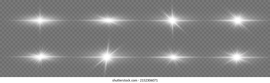 Bright flashes and glares. Sun rays and spotlight. White horizontal lens flares pack. Blur in motion glow glare. Glowing star light. Transparent shining sun, sparkling flash lights. Vector