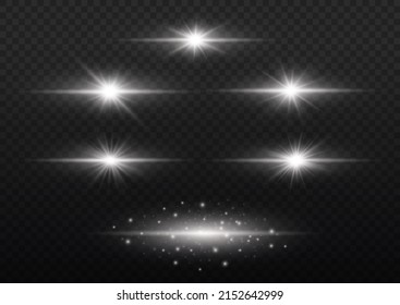 Helle Blitze und Glasuren. Sonnenstrahlen und Spotlight. Weißes Paket mit horizontalen Linsenfackeln. Blur in Bewegung Glühbirne. Leuchtendes Sternlicht. Transparente strahlende Sonne, funkelnde Blitzlichter. Vektorgrafik