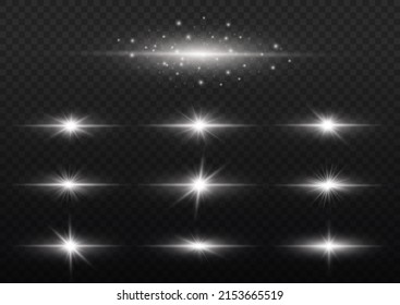 Luces y bengalas luminosas. Los rayos de sol y el foco. Paquete de bengalas horizontales blancas. Desenfoque en movimiento resplandeciente. Luz de estrella brillante. Sol brillante transparente, luces brillantes. Vector
