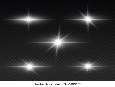 Luces y bengalas luminosas. Los rayos de sol y el foco. Paquete de bengalas horizontales blancas. Desenfoque en movimiento resplandeciente. Luz de estrella brillante. Sol brillante transparente, luces brillantes. Vector