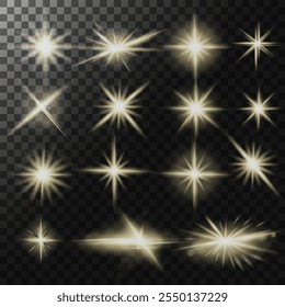 Bright flashes of light, glowing stars overlay effect for banners and designs set on a transparent background.Transparent shining stars of different shapes with rays .Vector glowing light explodes