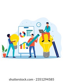 Bright Flat Art Style And Working Illustration Of 3 Brainstorming Corporate People With Light Bulb And Business Vectors