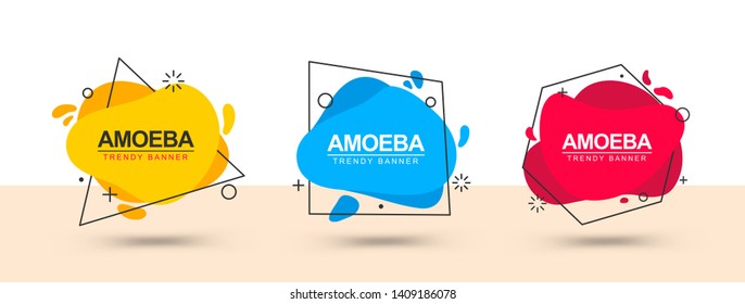 Bright flat banners in red, blue and yellow color with black geometric outlines and design elements. Set of trendy vector banners of liquid form.