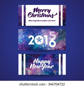 Bright flat blue space banner Merry Christmas and a Happy New Year banner, card, congratulation on a background mosaic with stars and glitter, 2015 year replaces the 2016