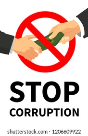 Bright flat businessman hand taking the bunch on banknotes with forbidden sign, stop corruption concept poster illustration on white