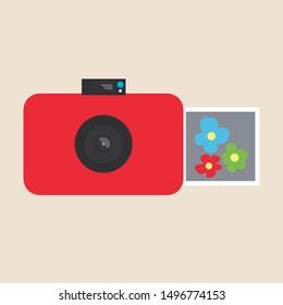 Bright flat camera for snapshots. A snapshot appears with photos of flowers. Lens. Thin gadget for photos. Photocard. Flat style editable vector illustration