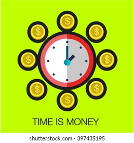 Bright flat cartoon sign clock with coins, time is money symbol, logo, button, stamp for business and finance and web with line contour
