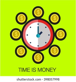 Bright flat cartoon sign clock with coins, time is money symbol, logo, button, stamp for business and finance and web with line contour