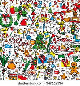 Bright flat cartoon style Christmas doodles background for a Merry Christmas and Happy New Year. Freehand, hand drawn doodle elements like: Christmas tree, deer, Santa Claus, presents in composition