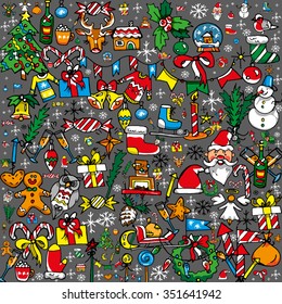 Bright flat cartoon style Christmas doodles background for a Merry Christmas and Happy New Year. Freehand, hand drawn doodle elements like: Christmas tree, deer, Santa Claus, presents in composition