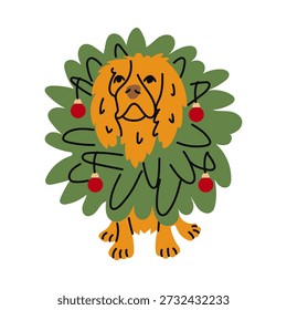 A bright flat color illustration of a cute dog in a green Christmas wreath with red trinkets. A festive home character for greeting cards, winter posters, or graphic design projects.