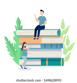 Helle, flache Komposition mit Büchern, Mann sitzend, Mädchen im Design der Vektorillustration. Grafische Bildung, Wissenskonzept. Einfache, minimalistische Clipkunst. Einzeln auf weißem Hintergrund.
