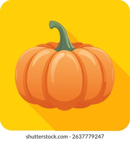 Bright flat design illustration of a orange pumpkin with a green stem on a yellow background.
