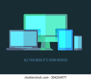 Bright flat devices mock up with Computer, monitor, laptop, tablet, mobile
