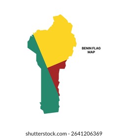 Bright, flat digital map of Benin, flag colored, white background.