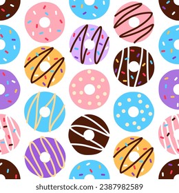 Bright flat donut seamless pattern on white background. Yummy doughnut with glazed topping repeat tile. Falling minimal art food wallpaper wrapping paper design. Textile creative vector illustration.