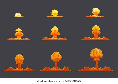 Bright flat explosion animation set with fog and smoke effects on gray background isolated vector illustration
