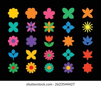 Colección plana brillante del icono de la flor en el fondo negro para el uso decorativo y del Diseño gráfico