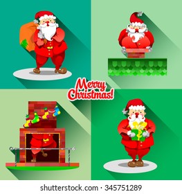 Bright flat funny Santa Claus set. Santa with bag of presents, Santa Claus in the chimney, Santa Claus comes out of the the fireplace, Santa with a gift. Christmas and New Year greeting poster.
