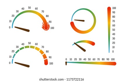 Bright flat gauge meter collection. Full set of vector  meters. Speedometer layout concept. Full throttle flame.