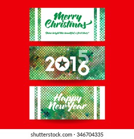 Bright flat green space banner Merry Christmas and a Happy New Year banner, card, congratulation on a background mosaic with stars and glitter, 2015 year replaces the 2016