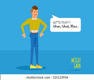 Bright Flat illustration cartoon student character, irritated people student, guy in sweater surprised and angry, gained weight, fatter, can not get in blue jeans