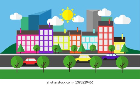 A bright flat illustration of a city street with a row of townhouses with chimneys, trees, cars on the road, sun and white clouds on the blue sky