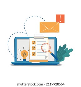 Bright flat illustration depicting a laptop with a list of tasks, completed tasks